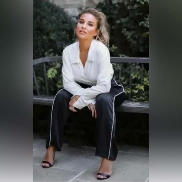 KITTENISH Black Satin Trousers with Pearl Strand “Racing Stripes” - Picture 1 of 8